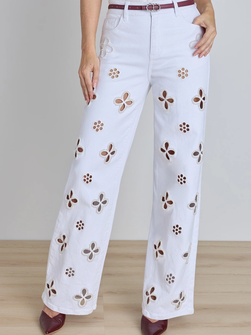 Noli Shop • Kaia Pearl White Embellished Wide-Leg Women’s Jeans • NWT